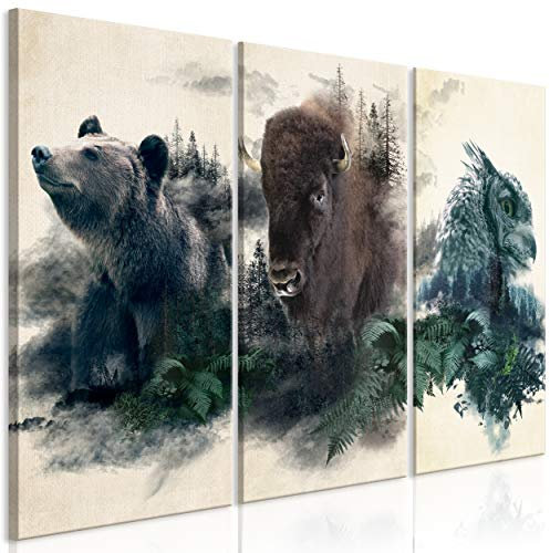 decomonkey Bilder Tiere 135x90 cm 3 Teilig Wandbild Groß Leinwandbild XXL Deko Wohnzimmer Schlafzimmer Büro Wanddeko Leinwand Pictures For Wall Poster Painting Pflanzen Natur Bär Wisent Adler