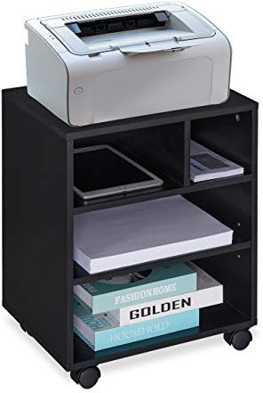 Relaxdays Carrello Porta Stampante, 4 Scomparti Aperti, Mobile per Ufficio, Mobiletto con Ruote, 49 x 40 x 30 cm, nero