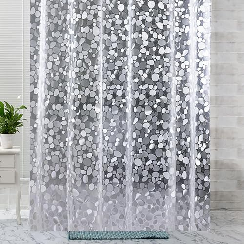 Trimming Shop 3D Pebbles Printed PVC Shower Curtain With Hooks - 180x180cm | Waterproof Semi-Sheer Bath Curtain, Mildew & Mould Resistant Liner For Bathrooms
