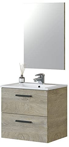 Habitdesign ARKITMOBEL Mueble de Baño Suspendido 2 Cajones y Espejo, 60x57x45 (AnchoxAltoxFondo-en cm), Modulo Lavabo Color Roble Alaska, Modelo Aruba (Sin Lavamanos)