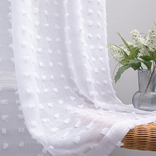Durchscheinende Vorhänge für Schlafzimmer, strukturiert, halbdurchsichtig, lichtfilterend, mit Stangenschlaufen, Pompons, getuftet, Vintage, Blumen, Jacquard, Rüschen, 2 Paneele, 160 cm lang, Weiß