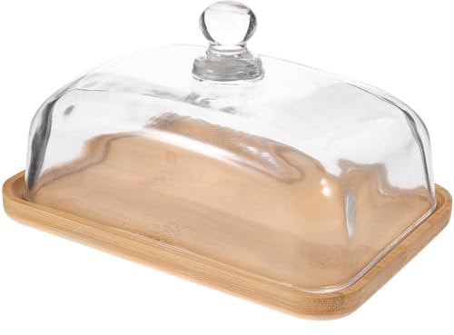 Beurrier avec couvercle en verre - 18 x 12 x 10 cm - Beurrier transparent pour réfrigérateur et comptoir pour beurre, bloc de fromage à la crème et plat de service (plateau en bois)