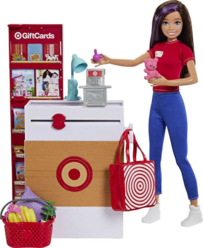 Barbie Spielzeug, Skipper-Puppe und Target First Jobs Set mit Kassenständer mit funktionierendem Förderband und 9 zusätzlichen Zubehörteilen
