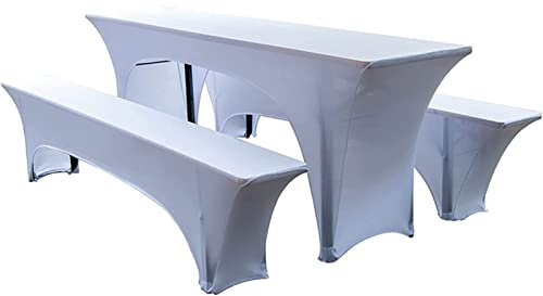 Elastisch Biertischhussen Bierbank-Auflage & Tischdecke Für 50 cm or 70 cm Table Width 3 TLG-Set Breite Bierzeltgarnitur Stretch Hussen Für Festzeltgarnituren Bierbank Hussen (50 cm,White)