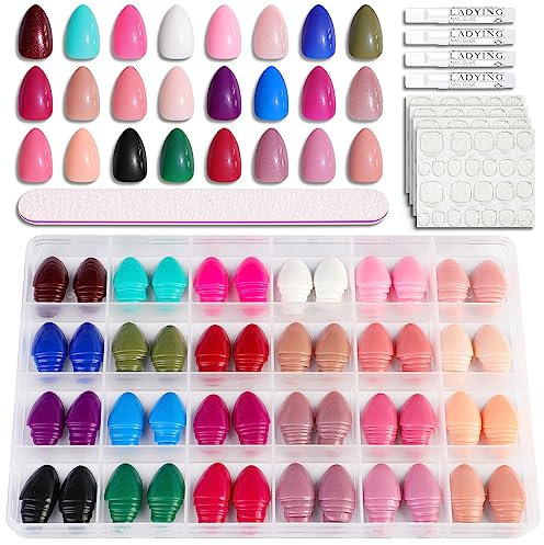 LADYING 24 Color (576 PCS) Glossy Almond Soft Gel Press on Nails Kit,Full Cover Oval False Nails Short with Nail File,Gel Stick on Nails for Women and Teens,Nail Art French for Medium Fake Nail