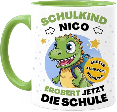 Tassenliebling® Schulkind Tasse personalisiert Junge Mädchen - Grün - Geschenk zur Einschulung - Dino Tasse - Schultüte Füllung - Schulanfang Geschenke - Grundschule Vorschule