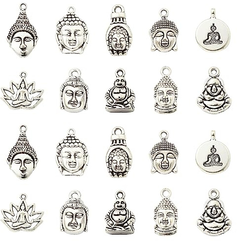 Ipotkitt 100 Stück 10 Stile antiker Stil buddhistische Charms Buddha Lotus Yoga Hindu-Charms für DIY Ohrringe Armband Halskette Schmuckherstellung