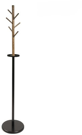 KARAT William Porte-manteau noir aspect bois et acier stable et robuste avec 6 crochets, pied rond et compartiment de rangement pour vêtements, porte-manteau et chapeaux pour couloir Hauteur 174 cm Ø
