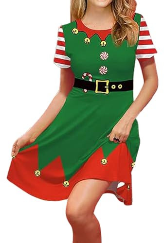 Achlibe Damen Weihnachten Casual A-Linie Kleid Kurzarm 3D Muster Drucken Über dem Knie Urlaub Y2K Kleid, Grüne Glocke, X-Large