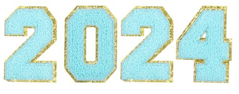 sourcing map 4 Stück glitzernde Zahlen-Aufnäher, 8,4 cm, Chenille-Stickerei, Zahlen zum Aufbügeln, für Team-Uniformen, Sport-T-Shirts, Hüte, Taschen (blau, 2024)