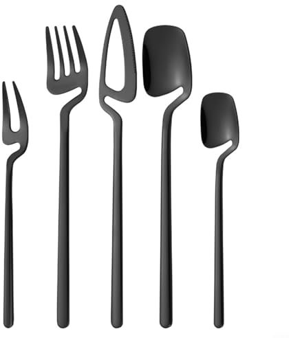 HpLive Juego de cubiertos de acero inoxidable de 5 piezas, juego de vajilla colgante con cuchara y tenedor, apto para lavavajillas (negro)