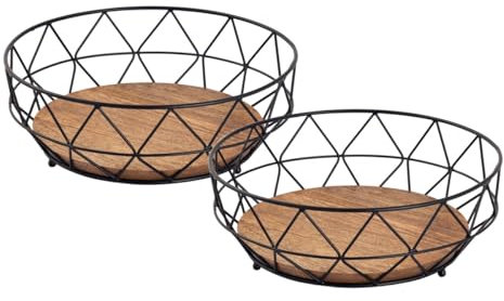 Amago home Obstschale Set 2X Brotkorb Obstkorb rund ø 28 H 10 cm Metall schwarz mit Holzboden massiv