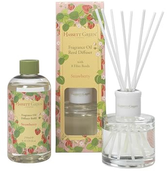 Hassett Green London - Strawberry Reed Diffuser & Refill Set - 100ml Glass Diffuser with 8 Fibre Reed Sticks + 250ml Fragrance Oil Refill
