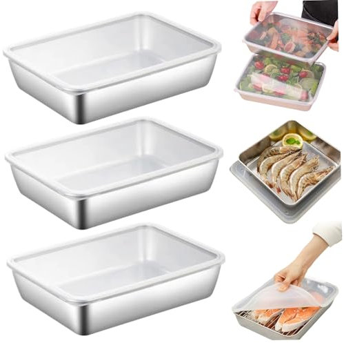 Baking Sheet with Lid, 3Pcs 10x8x2in Stainless Steel Baking Pan Tray, Stackable Polished Food Storage Containers, Cake Pans with Rolled Edge for Fridge