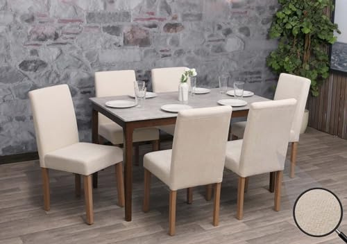 Mendler 6er-Set Esszimmerstuhl Littau, Stuhl Küchenstuhl Hochlehner, Stoff/Textil Chenille Holz - Creme, naturfarbene Beine