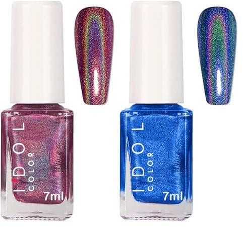 FunnAura 2PCS Holographic Glitter Nail Polish, Metallic Iridescent Sparkly Nail Polish for Women Girl