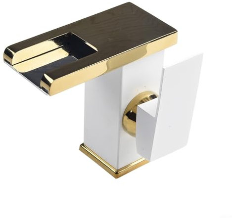 LED Waterfall Faucet Washbasin Tap, Basin Faucet Hot And Cold All Copper Waterfall Tap, Cold And Hot Mixer Faucet(White + gold)