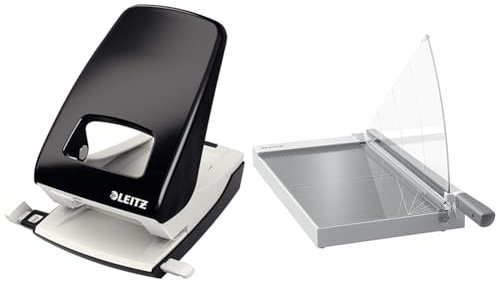 Leitz Set Starker Büro Locher + Precision Office Hebelschneider A3, Großer Locher für 40 Blatt, Papierschneidemaschine mit 457 mm Schnittlänge für bis zu 15 Blatt, 51380095 + 90220000
