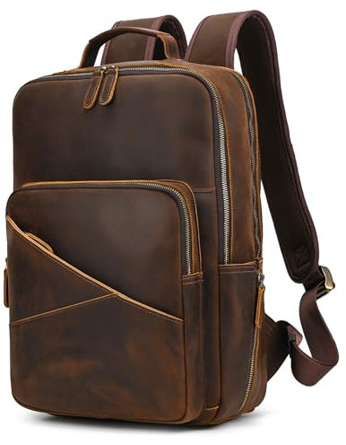Men's Vintage Full Grain Leather Backpack for 15.6 Inch Laptop Rucksack Work Bag Anti Theft Travel Business Backpacks, 1825 Brown