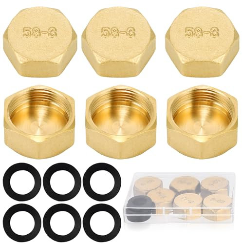 6 STK Blindstopfen 3/4 Zoll, Messing Kappe, Verschlusskappe 3/4 Zoll, Endkappe Rohrkappe G3/4(Ø24mm), Sechskant Schlauchkappen Innengewinde Messingkappe für Garten Wasserleitung Stopfen