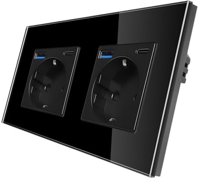 CNBINGO Enchufe doble Schuko con puerto USB tipo A y tipo C, enchufe de pared empotrable doble, enchufes de vidrio de 16A, color negro