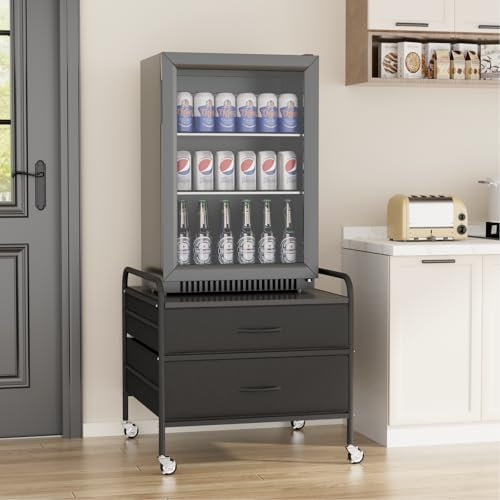 VOWNER Mini Fridge Stand with Storage, Heavy Duty Beverage Refrigerator Stand with 2 Fabric Drawer, Fridge Cart with 4 Lockable Metal Wheels, 220LBS Capacity 22Lx23.6W, for Dorm Apartment Office