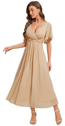 Ever-Pretty Women's Embellished Midi Evening Dress Ladies Short Sleeve line with Short Sleeve for Wedding Guest Dress Champane 14UK