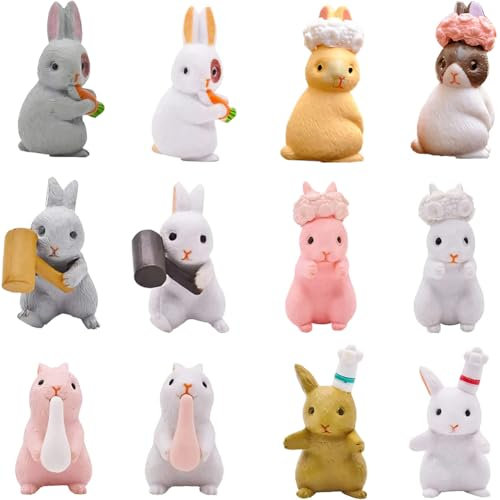 EPXOIQC 12 Stücke Osterhasen Figuren,Miniatur Kaninchen Figur,Harz Hase Kuchen Topper,Osterdekoration Kleines Geschenk für Kinder Feengarten Landschaft Bonsai Frühling Deko Gastgeschenke Party