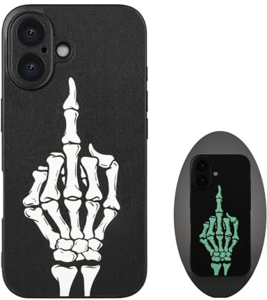 X spirit Skull Phone Case for iPhone 16, Middle Finger, Cool Skeleton Goth Edgy Gothic Dark Emo Luminous Design, Rock n Roll Style, Light Up Glow in The Dark, Leather Finish (iPh 16-Middle Finger)