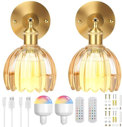 SERBASIC Vintage Battery Operated Wall Lights Set of 2,Rechargeable Wall Light Indoor with Detachable Bulbs and Remote,3 Color Temperature&12RGB Wireless Wall Sconces for Living Room Bedroom Hallway