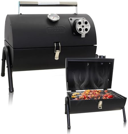 Muntel Barbecue a carbonella, affumicatore, portatile, pieghevole, per campeggio, manico in acciaio inox, termometro, griglia nera