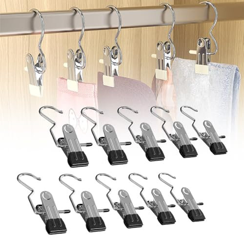 Klemmhaken, rutschfest Wäscheklammern Edelstahl, Sockenklammern, Kleiderbügel Hosen, Hangers Clothes Kleiderbügel Clip, Wäsche Haken Clip für Hosen Schuhe Handtuch, Socken (10, Schwarz)