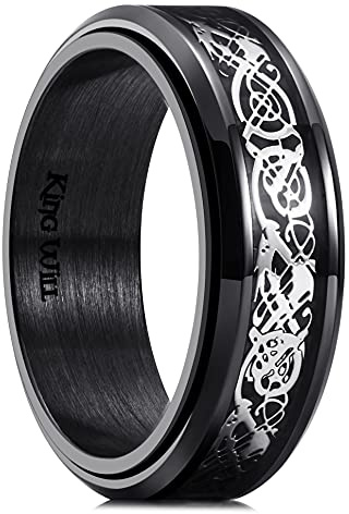 King Will Schwarzer Fidget Ring Keltischer Drachen Spinner Ring Edelstahlring mit blauem/rotem/lilaem Kohlefaser-Inlay, 8mm Angstring für Männer und Frauen