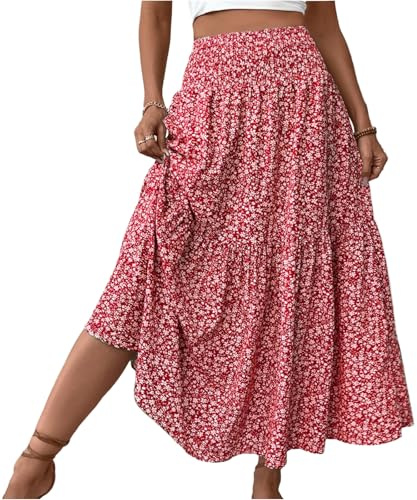 Damen Rock Lang Elegant Sommerrock Mit Taschen Stretch High Waist Damenröcke Boho Strand Summer Skirt