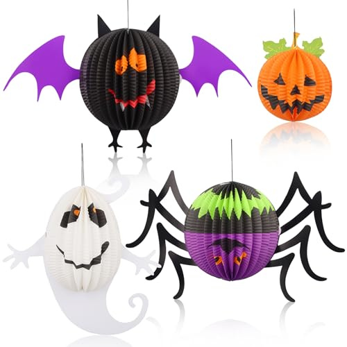 Huanmin Hallowe-en Papier Laternen, 4 Stück Faltbar Hallowe-en Laterne, Hallowe-en Papier lampion Kinder, Hallowe-en Party Dekorationsset für Kinder mit Kürbis/Fledermaus/Geist/Spinnen Muster (B)