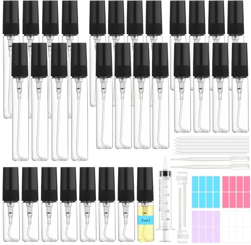 Maxumille 32pcs Perfume Sample Bottles, Glass Mini Spray Atomizer Empty Bottle with Pipettes Test Strips, Portable Transparent Perfume Travel Spray Bottle for Fragrance Cosmetics 3ml 5ml 8ml 10ml