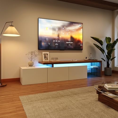 BRILVERDE Modernem TV Schrank mit LED, Fernsehtisch mit 3 Schließfach, Hochglänzendes TV-Lowboard, Wohnzimmer-Beistelltisch mit Glasablage, Aufbewahrungsschrank in Holzoptik (Weiß, 200 x 39 x 42 cm)