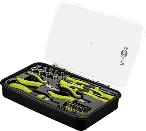 goobay Handwerkzeug-Set 49-teilig mobiles Werkzeugset für Heimwerkerarbeiten und unterwegs-Schraubendreher, Bitsatz, Stecknüsse, Bithalter, Bitverlängerung, Seitenschneider, Spitzzange, Werkzeugkoffer