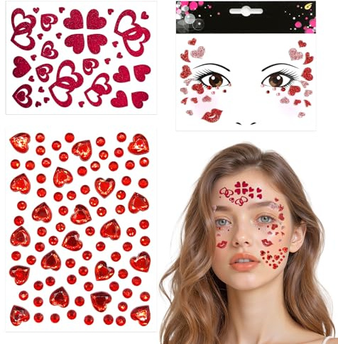 3 Stück Gesichtstattoo Karneval,Herz Sticker Gesicht,Rot Tattoo Glitzer Köln Aufkleber,Amor Kostüm Damen Accessoires,Face Herzen Tattoos Schminke Stickers,für Fasching Valentinstag Gesichtsaufkleber
