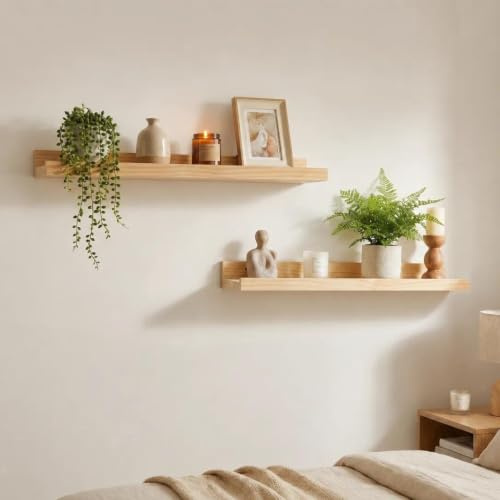 Z metnal 60cm 2 Pack Pine Wood Floating Wall Shelves with Lip for Bedroom | Anti-Fall Lip Design, Heavy Duty, Natural Clear Varnish, Display Shelving for Living Room Kitchen Bathroom Photo Frame Decor