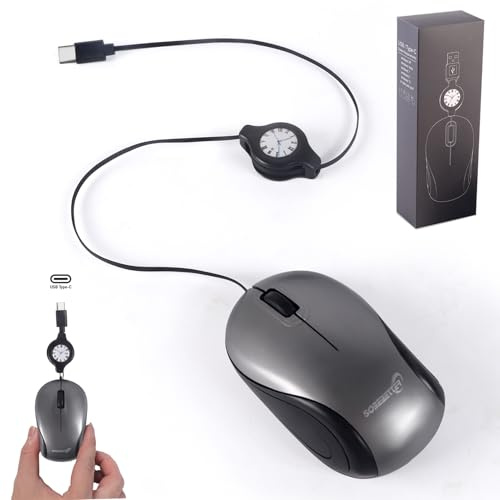 Mini ratón con cable retráctil USB-C de 70 cm, ratón de ordenador 1000D-PI, Ambidextro pequeño tipo C Mouse con cable de viaje portátil para PC, Gaming,Ordenador de oficina, Laptop, Manos pequeñas
