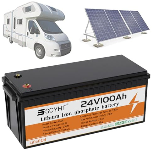 SSCYHT Batterie LiFePO4 25,6 V Batterie Lithium 24 V 100 Ah 200 Ah Batteries Rechargeables pour systèmes solaires, voiturettes Golf avec BMS pour Moteurs 250 W à 5 000 W,24v100ah 207mm