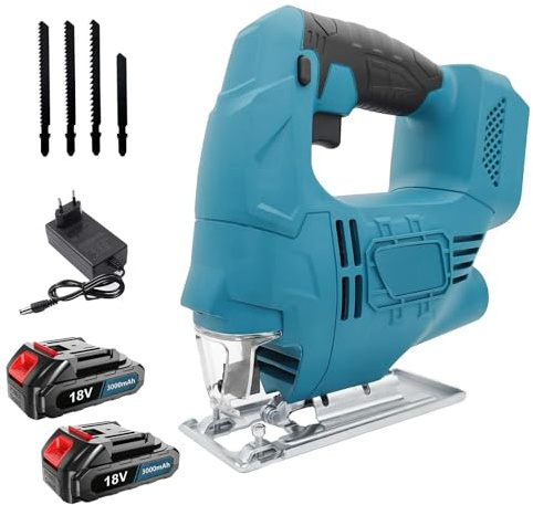 Sierra de calar con batería de 18 V con 2 baterías de 5500 mAh y cargador, potente motor, velocidad variable, luz LED, función de inglete (0-45°) y extracción de polvo