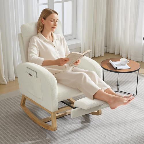 Aptliton Modern Reclining Rocking Chair, High Back Upholstered Glider Chair with USB Ports & Side Pocket, Wooden Legs Comfy Accent Lounge Armchair for Living Room, Bedroom & Nursery