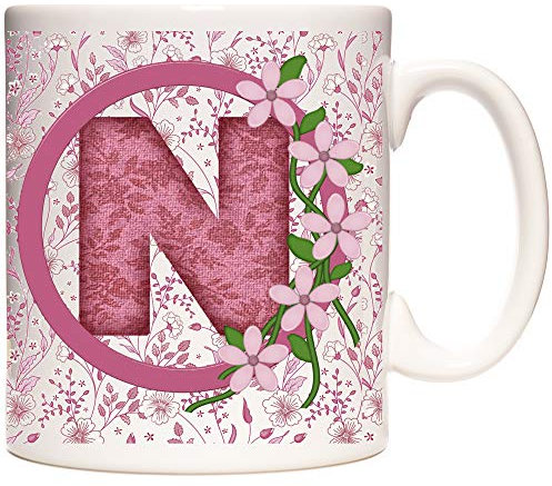 KAZMUGZ 11OZ Letter N Mug, Monogram N Mug, Alphabet Letter N Mug, Birthday or Celebration Gift for People Who's Name Begins with N. Pink Flower Design 11oz Ceramic Mug,