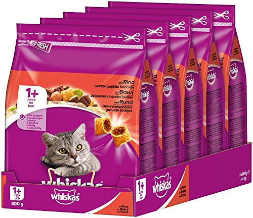 Whiskas 1+ Katzenfutter – Knabberstückchen mit Rind – Hochwertiges Trockenfutter für ausgewachsene Katzen – Beutel (5 x 800g)