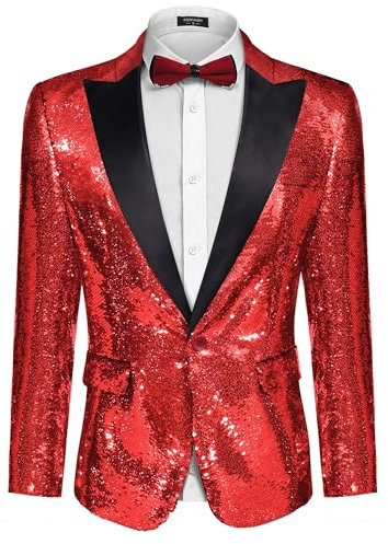 Coofandy Herren Glänzende Pailletten Jackett Blazer mit einem Knopf Smoking für Party, Hochzeit, Bankett, Prom groß rot