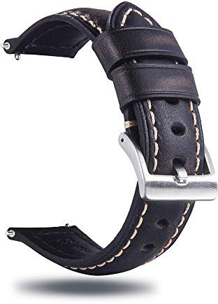 Berfine Quick Release Rindsleder Uhrenarmband 24mm, Vintage Retro Pull-Up Leder Uhrenband, Ersatzarmband für Damen Herren Uhr und Smartwatch, Schwarzbraun