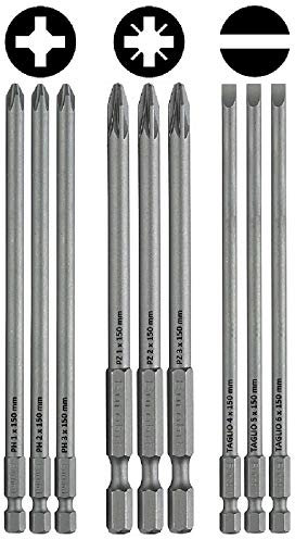 Eurobit Lot de 9 inserts longs pour visseuse, longueur 150 mm