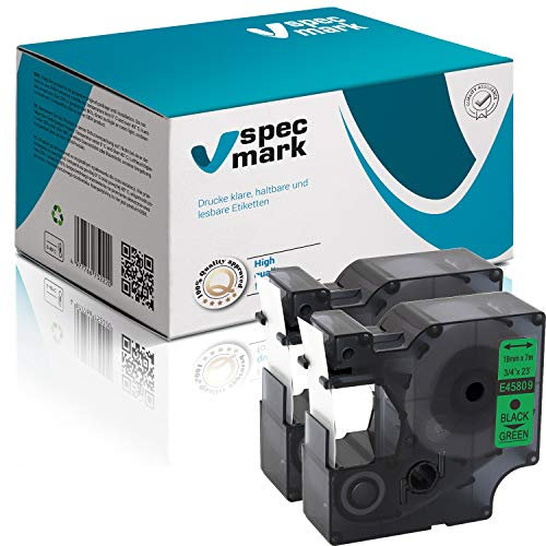 specmark Kompatibel für DYMO D1 45809 S0720890 Schriftband 19mm x 7 m Satz x 2 St. Schwarz auf Grün Kompatibel mit DYMO D1 für Drucker LM LabelManager LP LabelPoint LW LabelWriter DUO